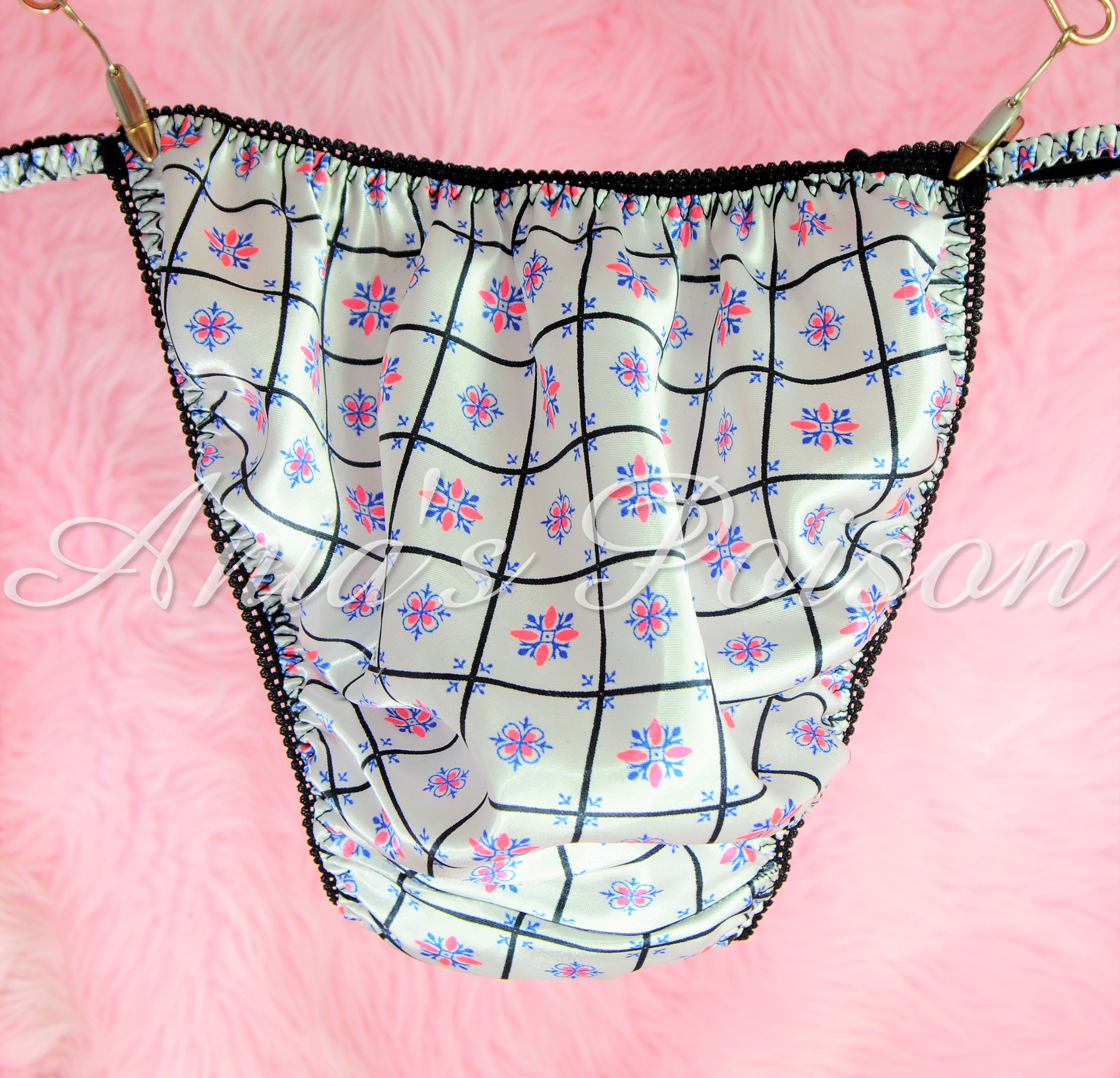 Sissy Silky Satin Mens Panties in Black Pink White Retro Print String bikini underwear