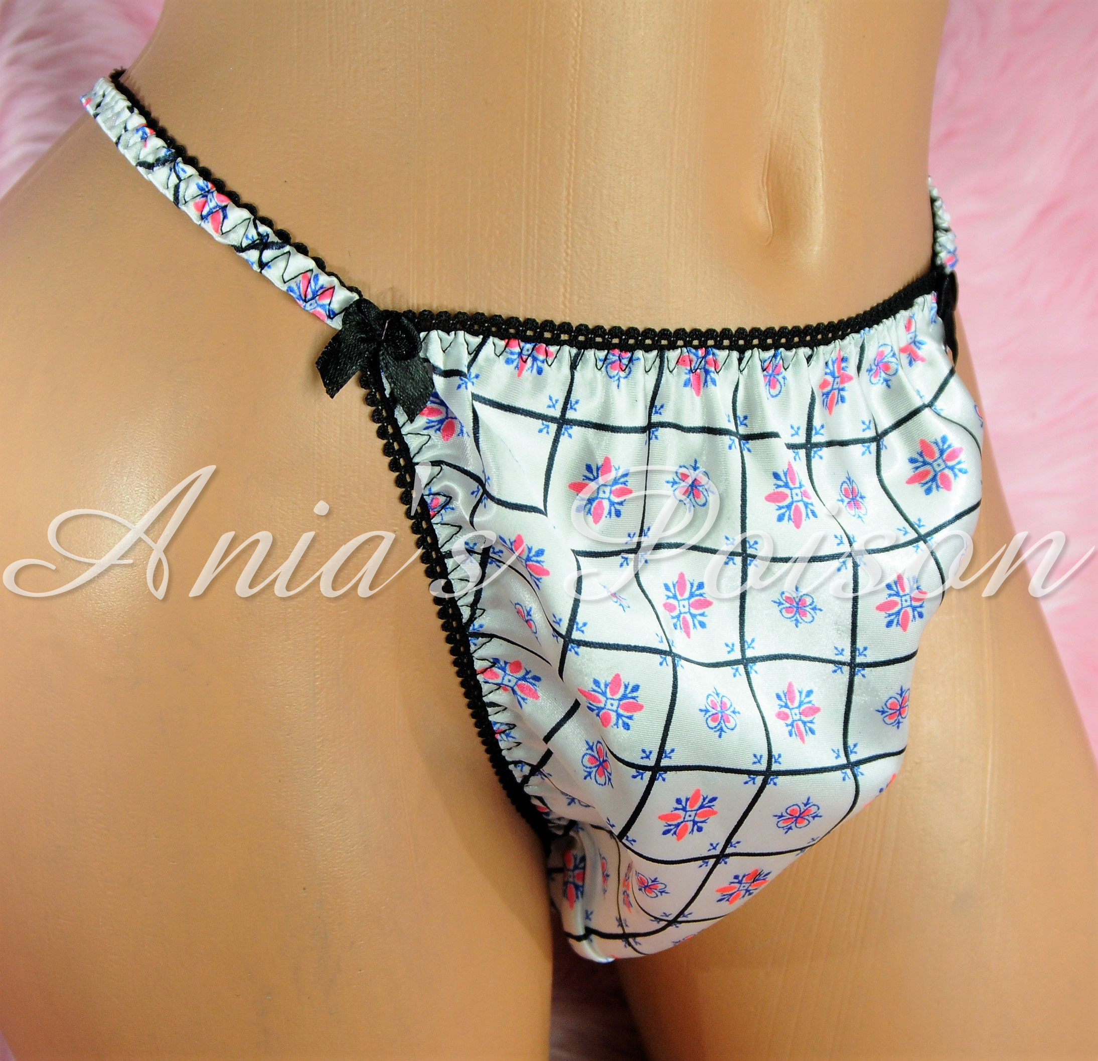 Sissy Silky Satin Mens Panties in Black Pink White Retro Print String bikini underwear
