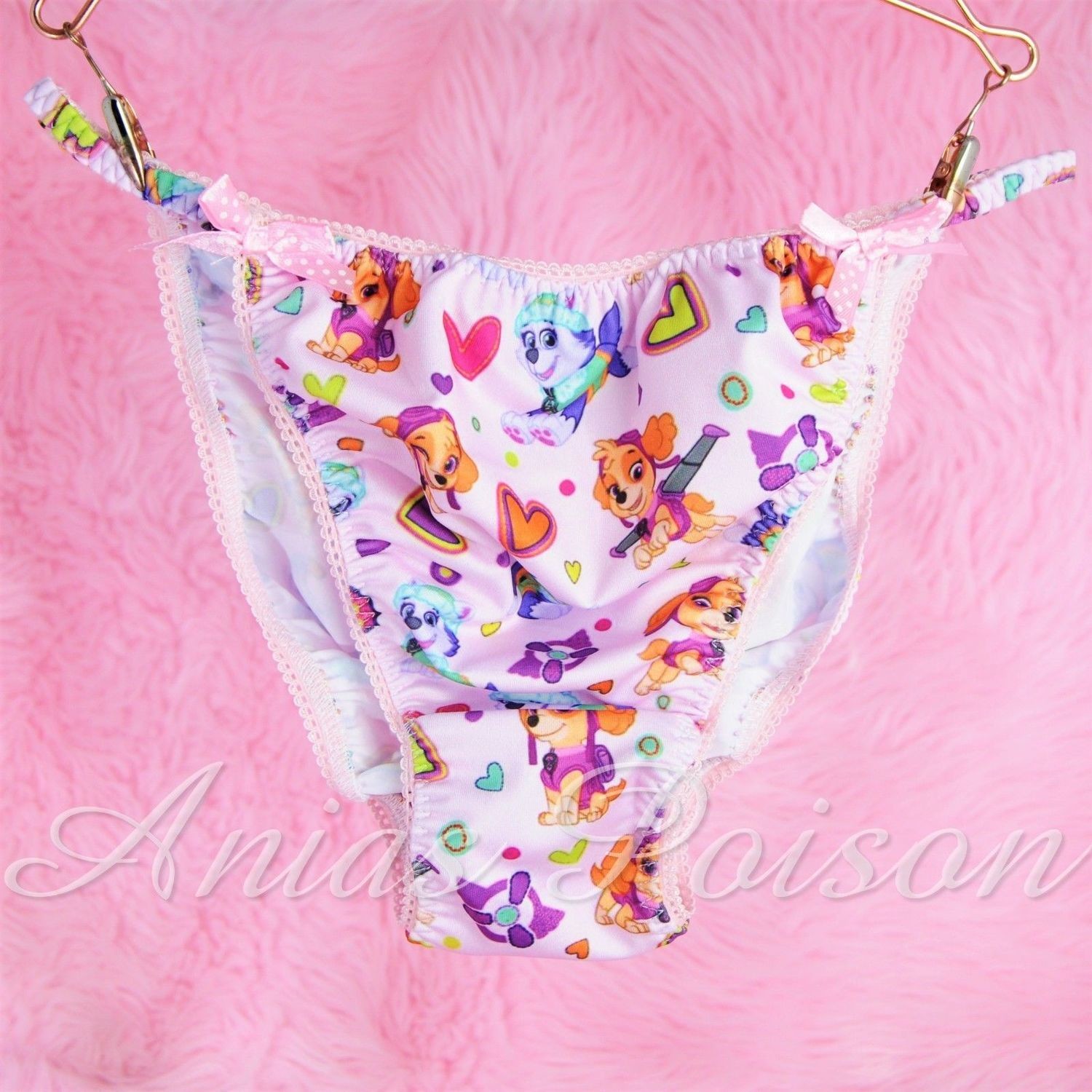 Rare Novelty Character print Spandex Stretch string bikini pink Pound Puppy Princess Panties Rare Novelty Character print Spandex Stretch string bikini pink Pound Puppy Princess Panties