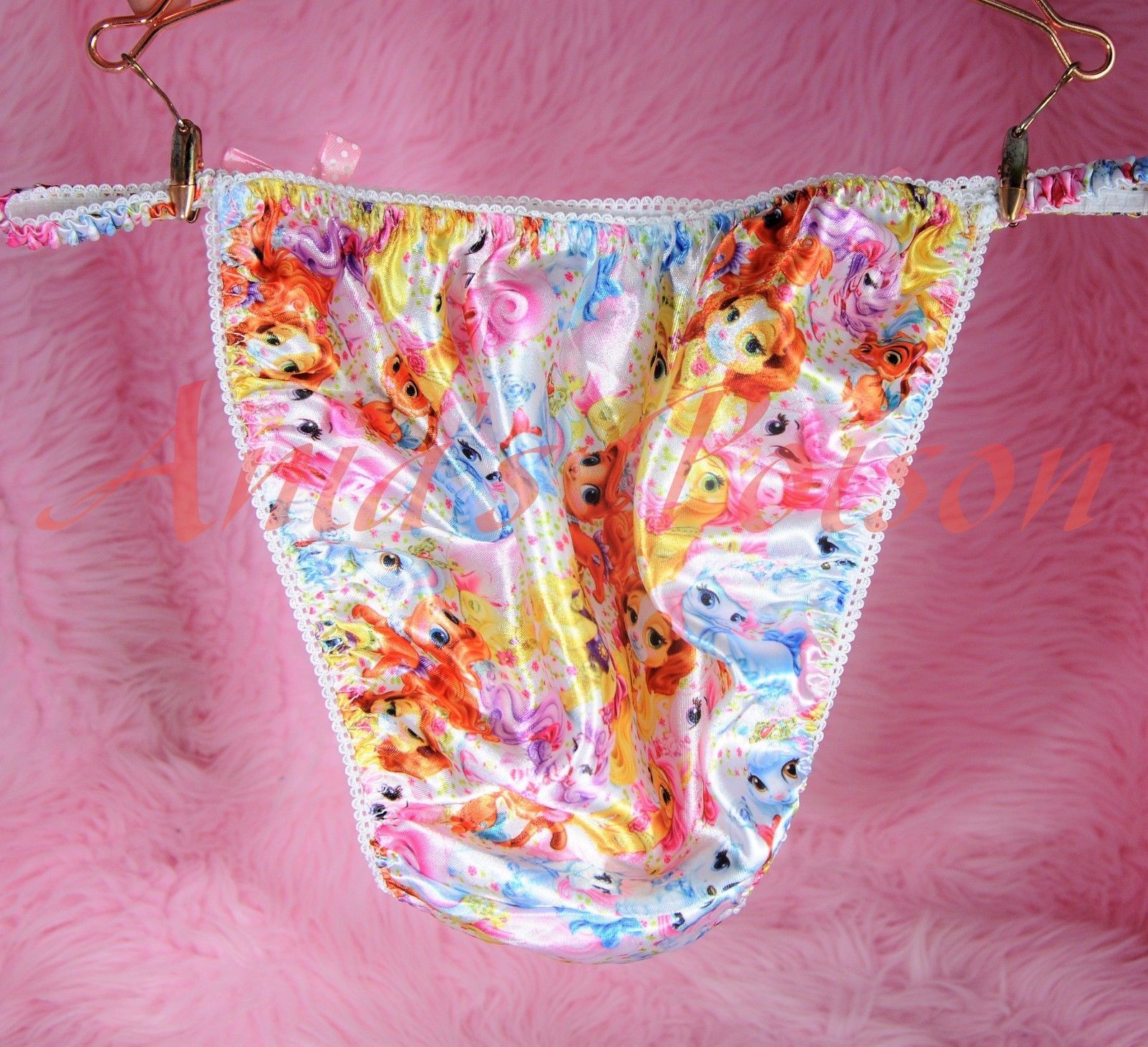 Ania's Poison Princess Puppies Girly Prints Super Rare 100% polyester SATIN string bikini sissy mens underwear panties