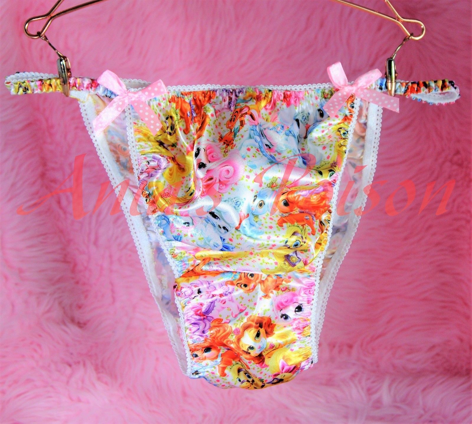 Ania's Poison Princess Puppies Girly Prints Super Rare 100% polyester SATIN string bikini sissy mens underwear panties 00235