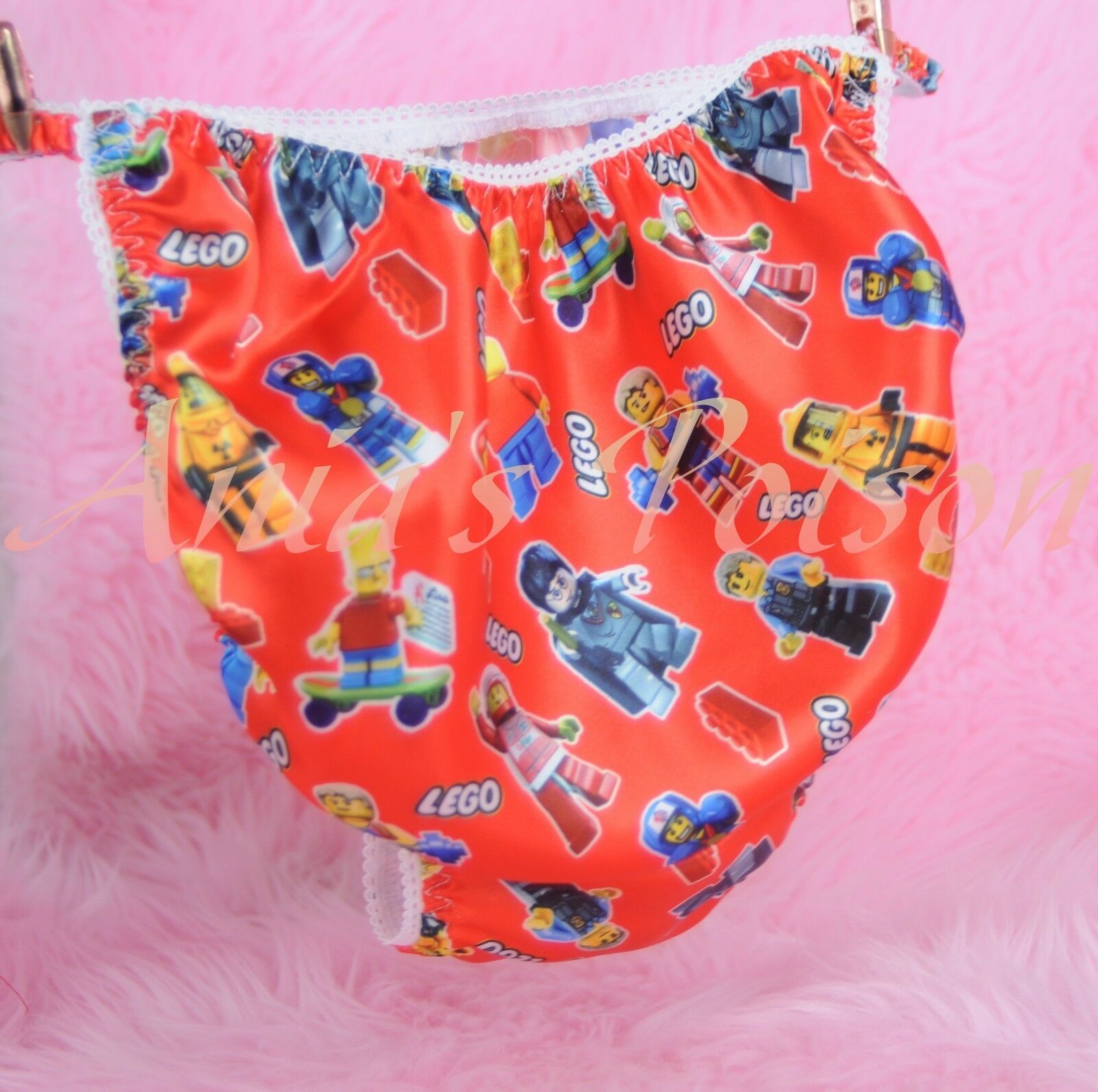 Ania's Poison build Blocks Character RED Print Super Rare 100% polyester SATIN string bikini sissy mens underwear panties