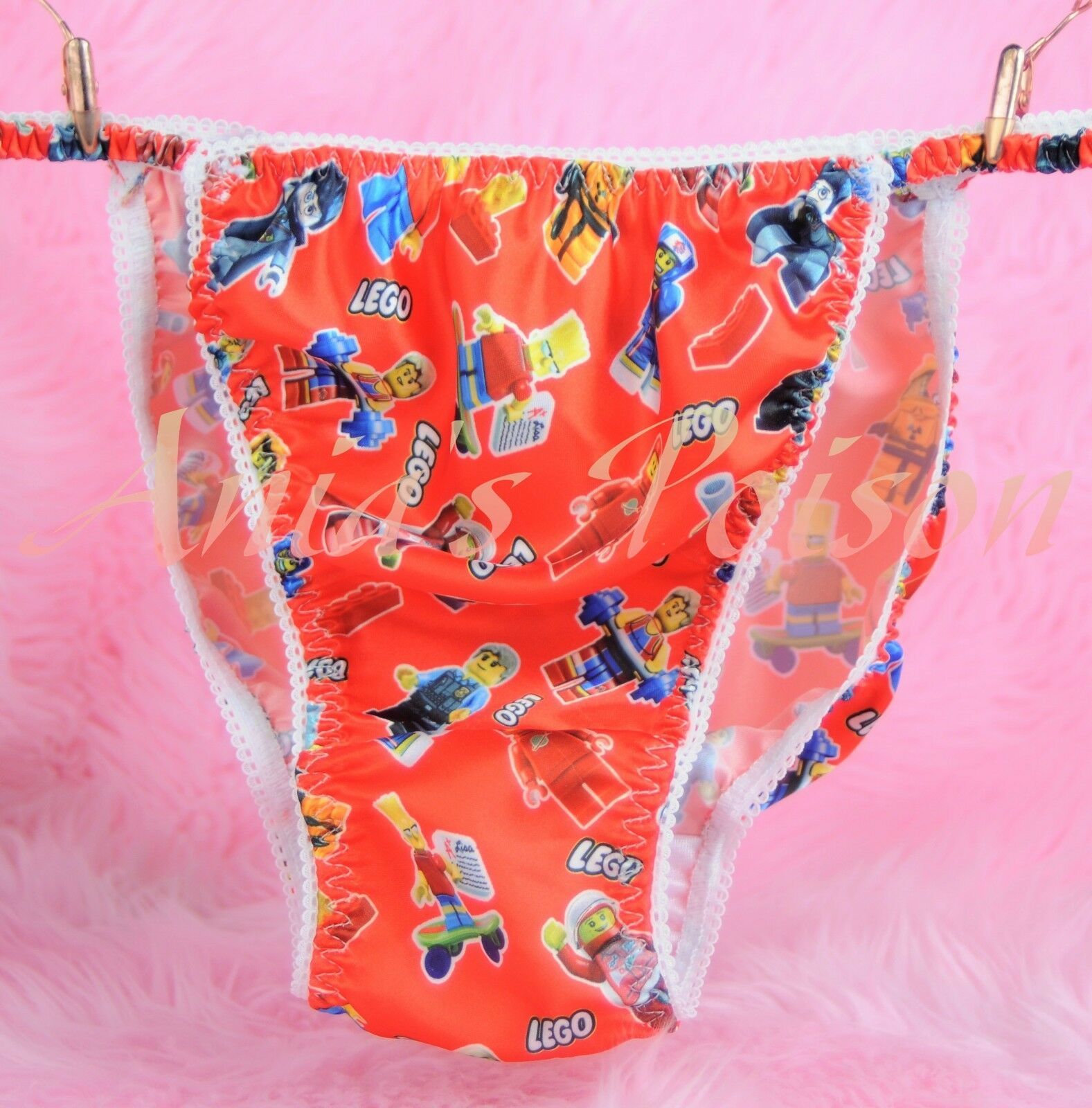 Ania's Poison build Blocks Character RED Print Super Rare 100% polyester SATIN string bikini sissy mens underwear panties 00239