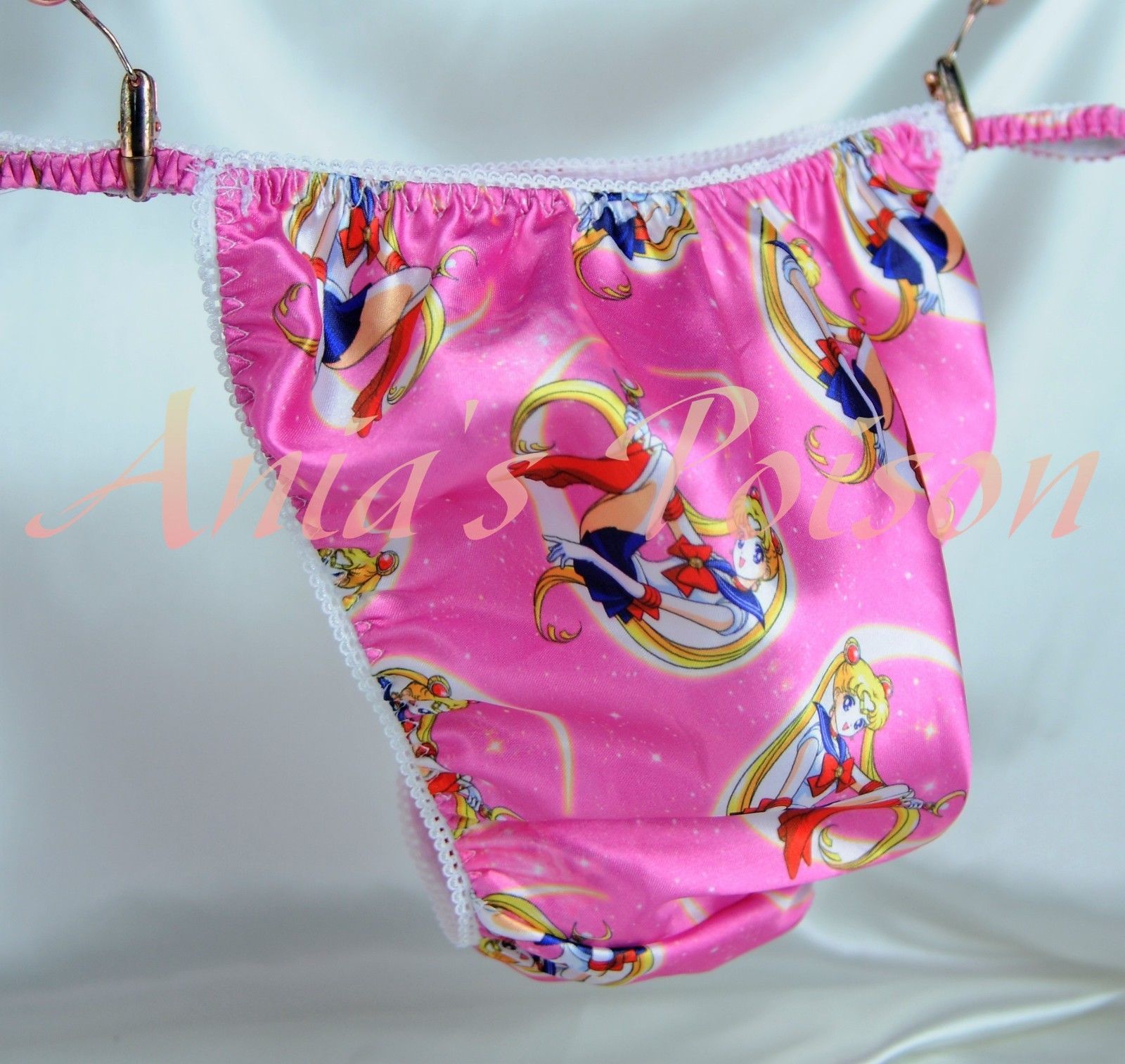 Ania's Poison Pink Sailor Moon Anime Print Super Rare 100% polyester SATIN string bikini sissy mens underwear panties