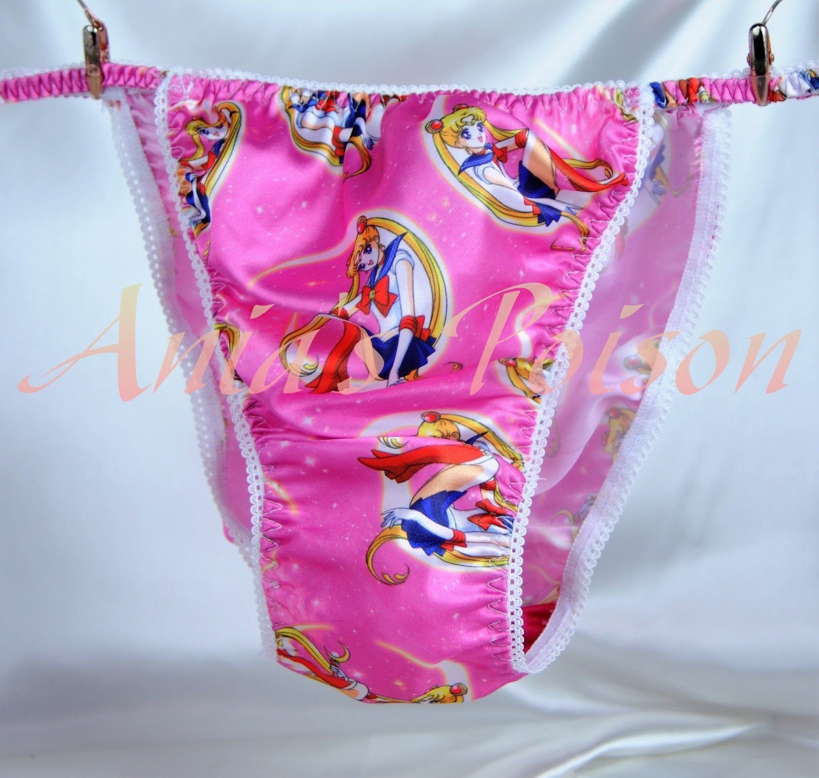 Ania's Poison Pink Sailor Moon Anime Print Super Rare 100% polyester SATIN string bikini sissy mens underwear panties