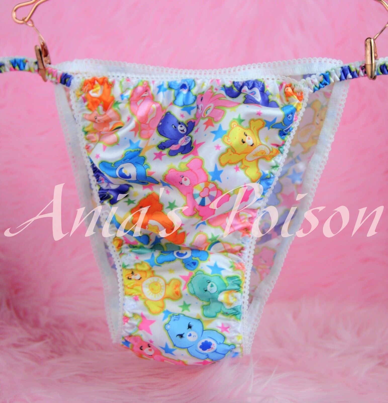 Ania's Poison Care Bear Rainbow Print Super Rare 100% polyester SATIN string bikini sissy mens underwear panties