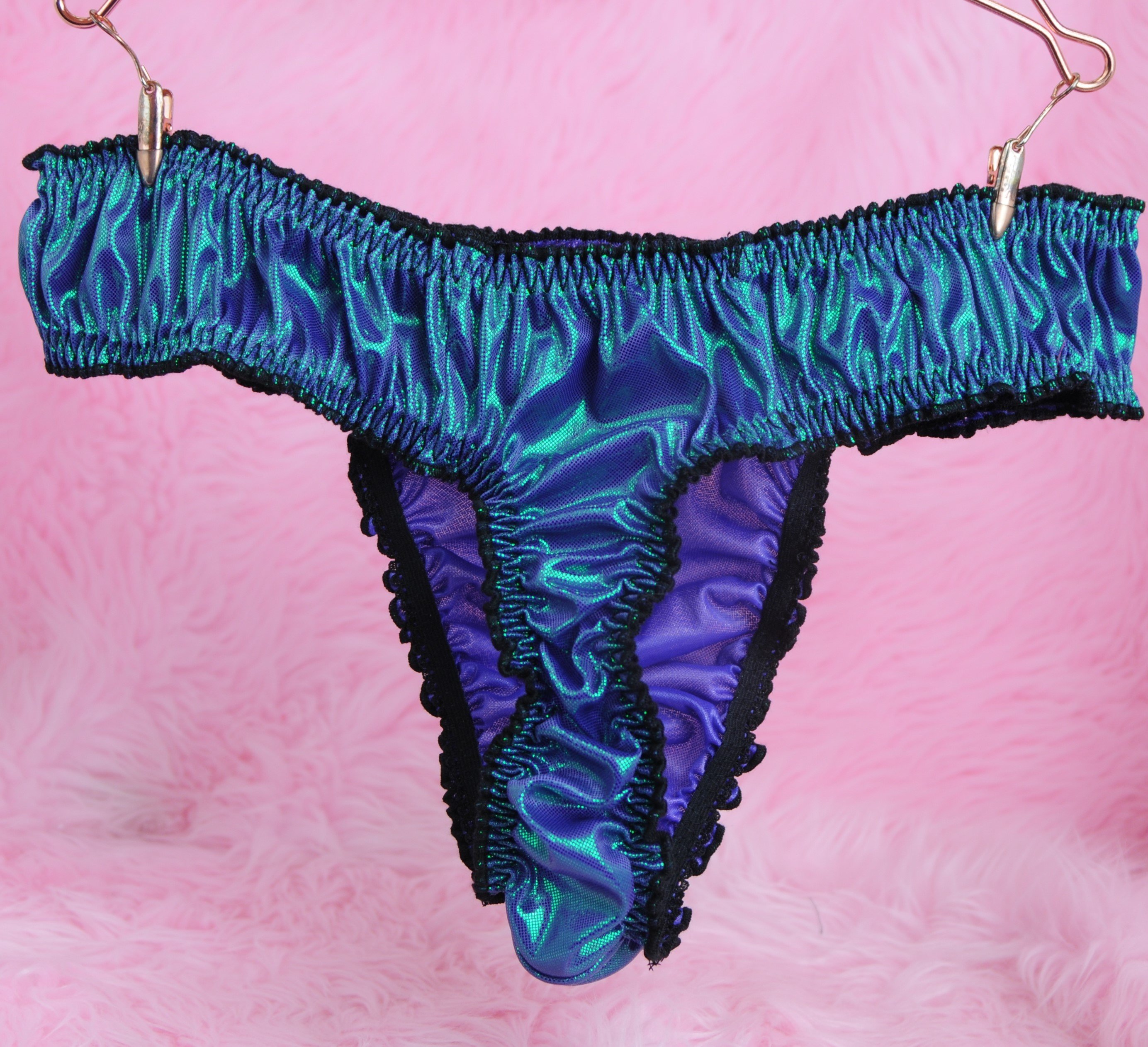 Ultimate ruffled frilly pretty little slave MANties sissy pouch full side thong humiliation exotic metallic panties OS