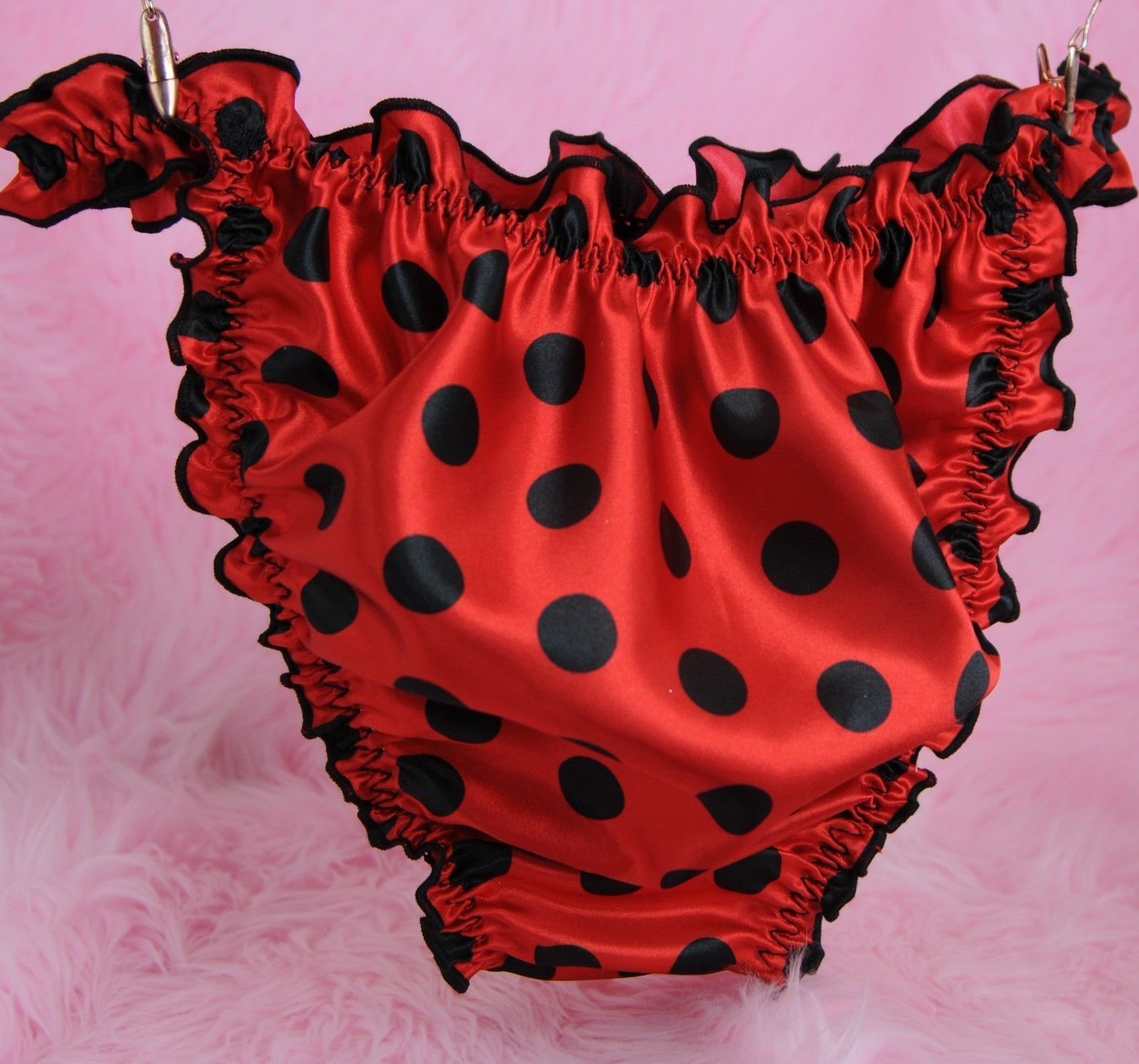 Ania's Poison Sissy Panties S - XXL Polka Dot shiny Rare 100% polyester string Ruffled bikini sissy mens underwear panties