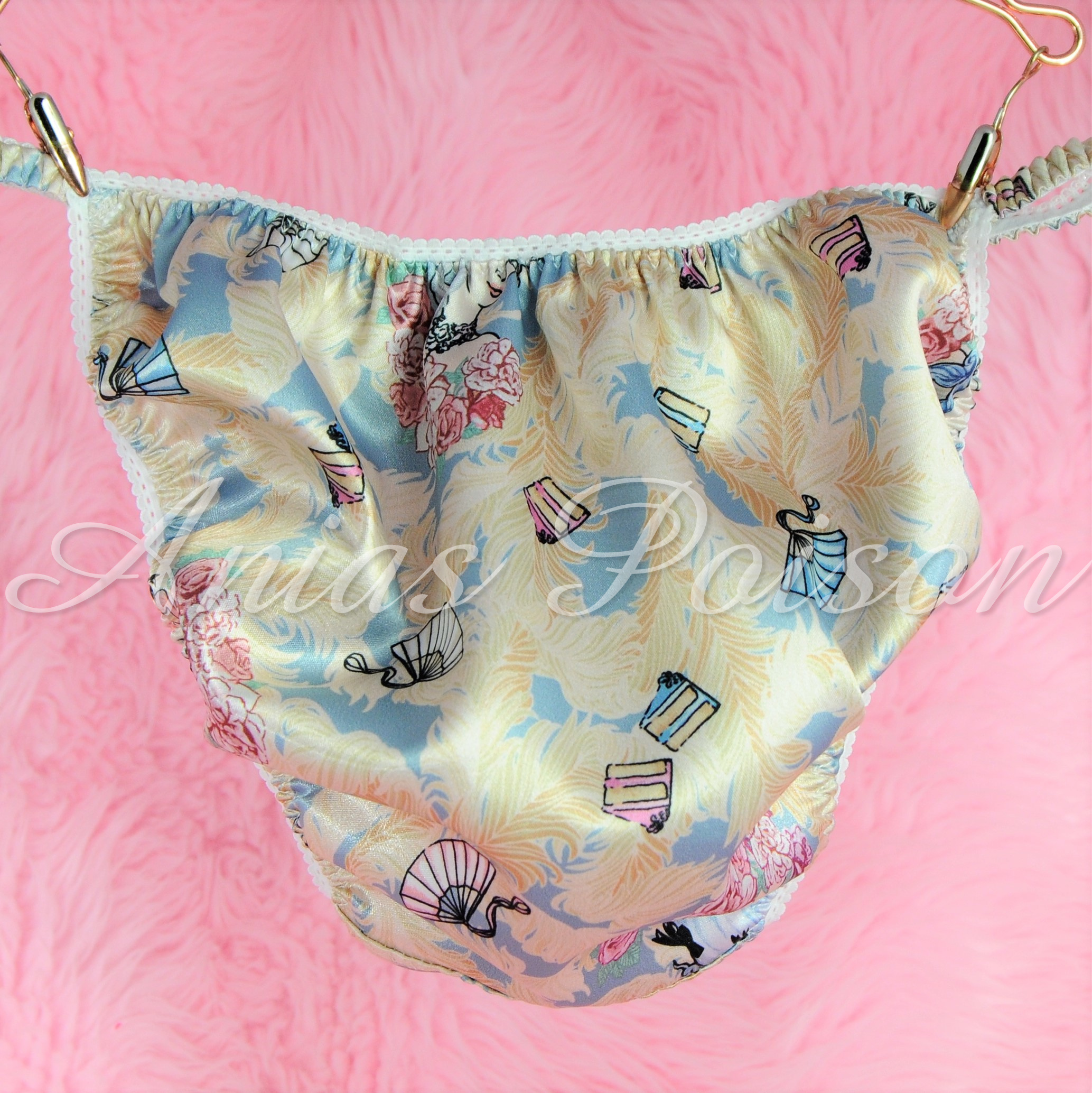 Sissy Satin Silky Panties French Marie Antoinette Novelty print rare shiny string bikini