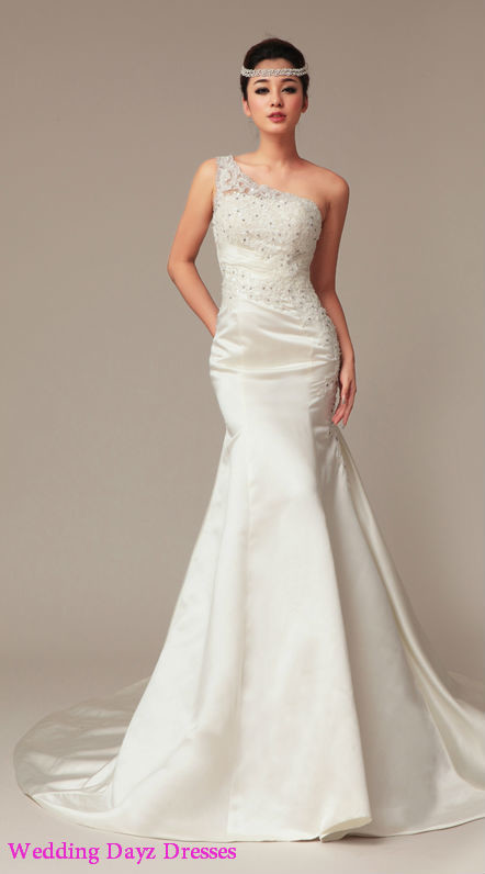 Mermaid One Shoulder Chapel Train Satin Wedding Dress