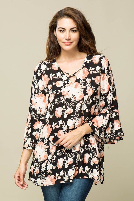 Black Floral Tunic Top 010028