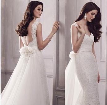 2014 Double Shoulder Deep V Neck Racerback Sexy Wedding Dress
