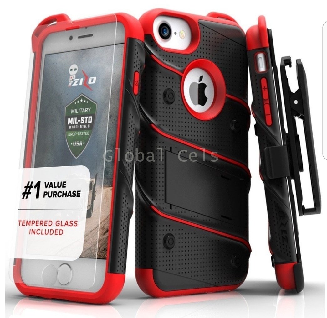 Case Funda Iphone 7 de 4.7" Zizo Rojo Oscuro Negro Militar mas vidrio templado 00188