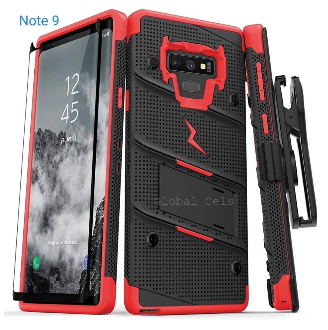 Case Galaxy Note 9 Negro con Rojo Zizo Z-bold c/ Vidrio Templado c/ Gancho c/ 2 parantes 00345