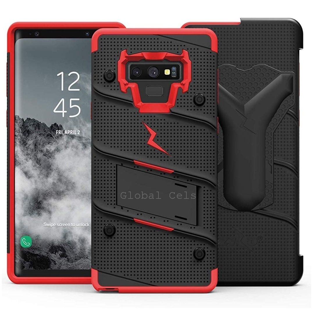 Case Galaxy Note 9 Negro con Rojo Zizo Z-bold c/ Vidrio Templado c/ Gancho c/ 2 parantes