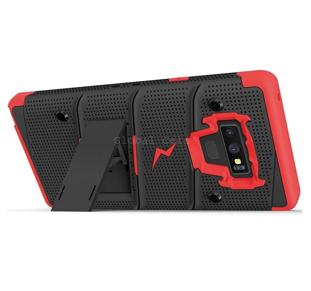Case Galaxy Note 9 Negro con Rojo Zizo Z-bold c/ Vidrio Templado c/ Gancho c/ 2 parantes