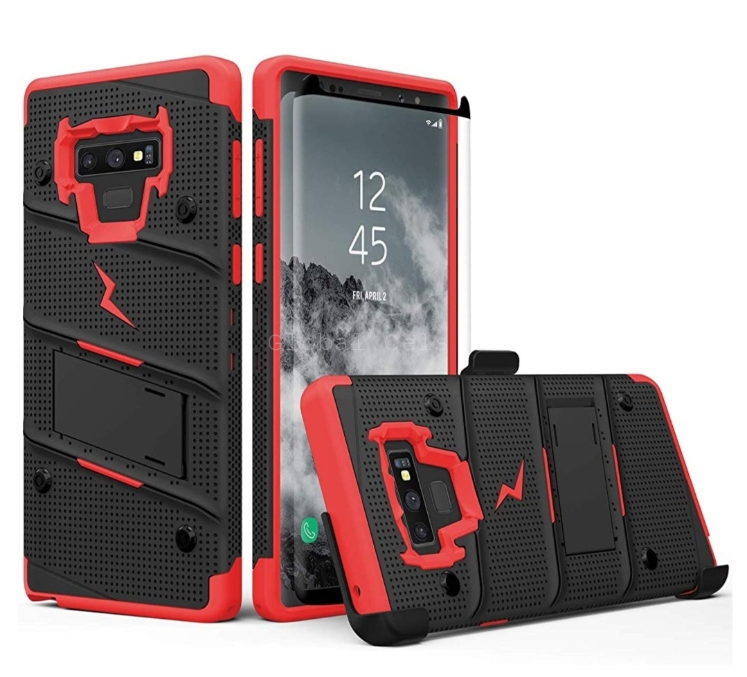 Case Galaxy Note 9 Negro con Rojo Zizo Z-bold c/ Vidrio Templado c/ Gancho c/ 2 parantes