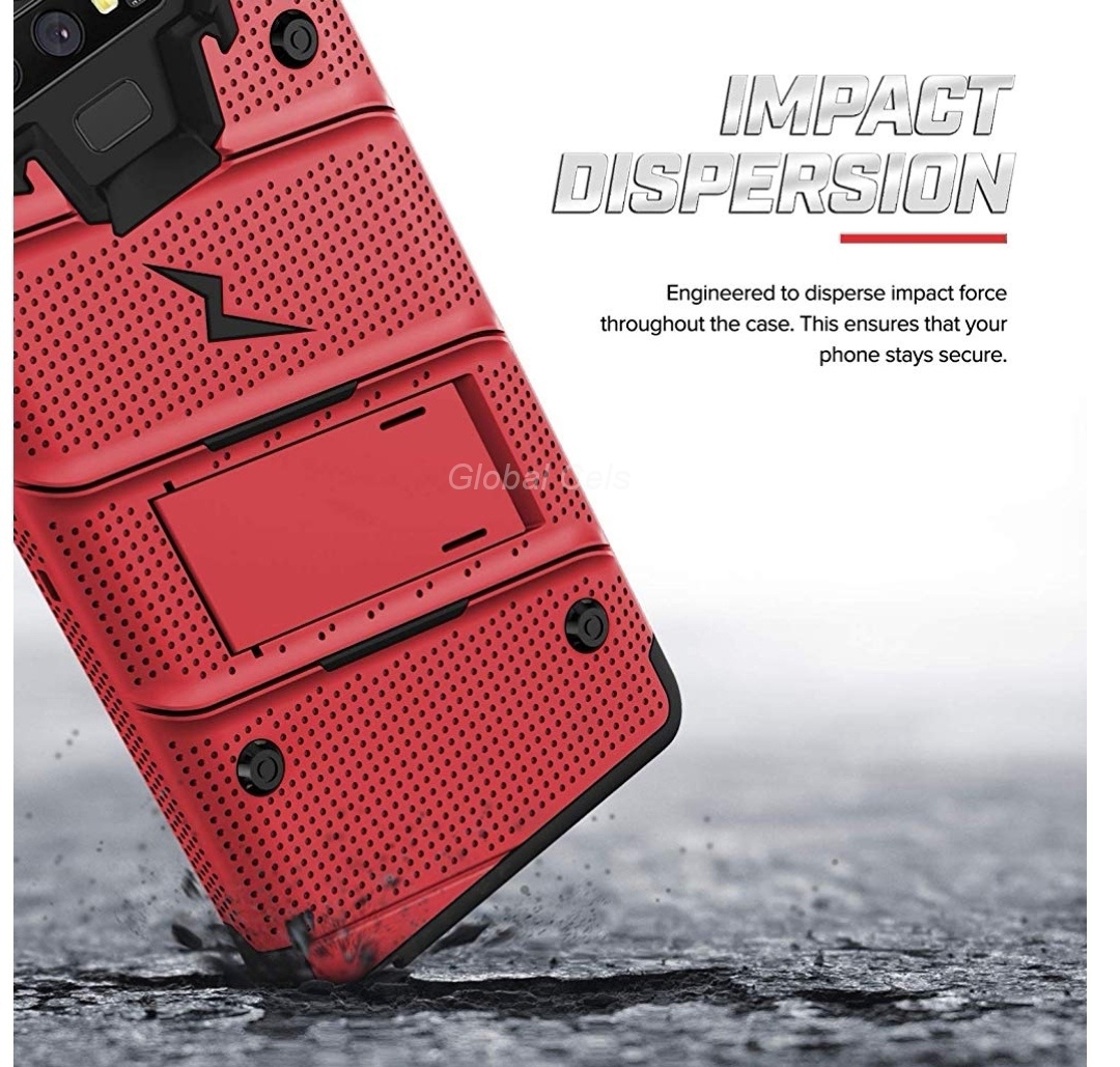 Case Galaxy Note 9 Rojo con Negro Zizo Bold c/ Vidrio Glass c/ Gancho c/ Parante Inclinable
