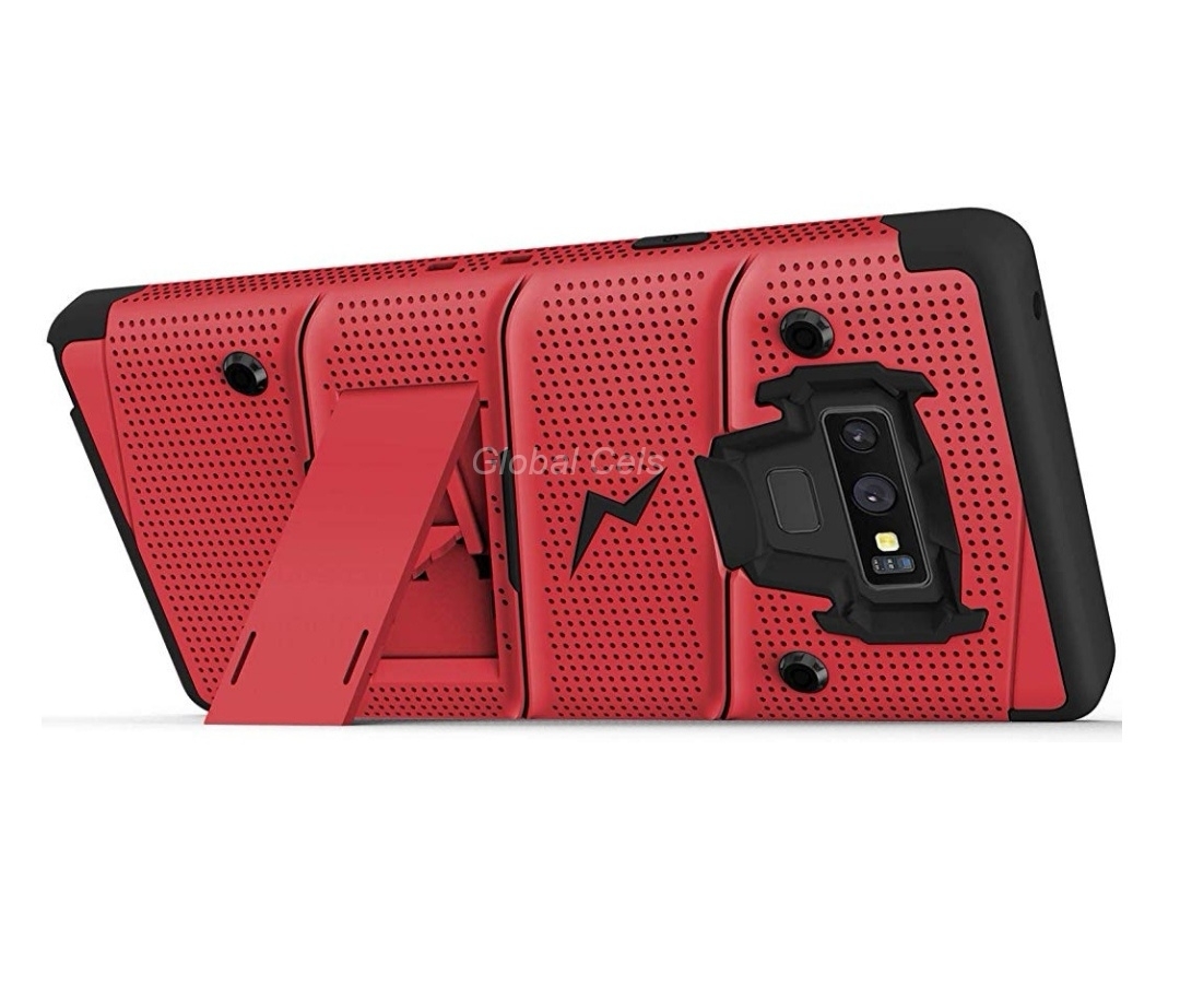 Case Galaxy Note 9 Rojo con Negro Zizo Bold c/ Vidrio Glass c/ Gancho c/ Parante Inclinable