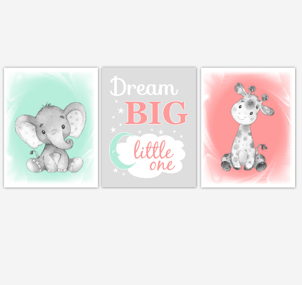 Safari Animals Baby Girl Nursery Decor Coral Mint Green Wall Art