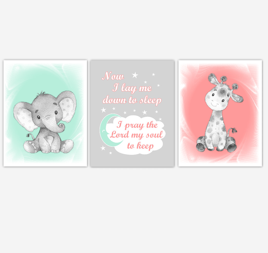 Safari Animals Baby Girl Nursery Decor Coral Mint Green Wall Art Prints Elephant Giraffe Home Decor Kids Bedroom Pictures Set Of 3 Unframed Prints Or