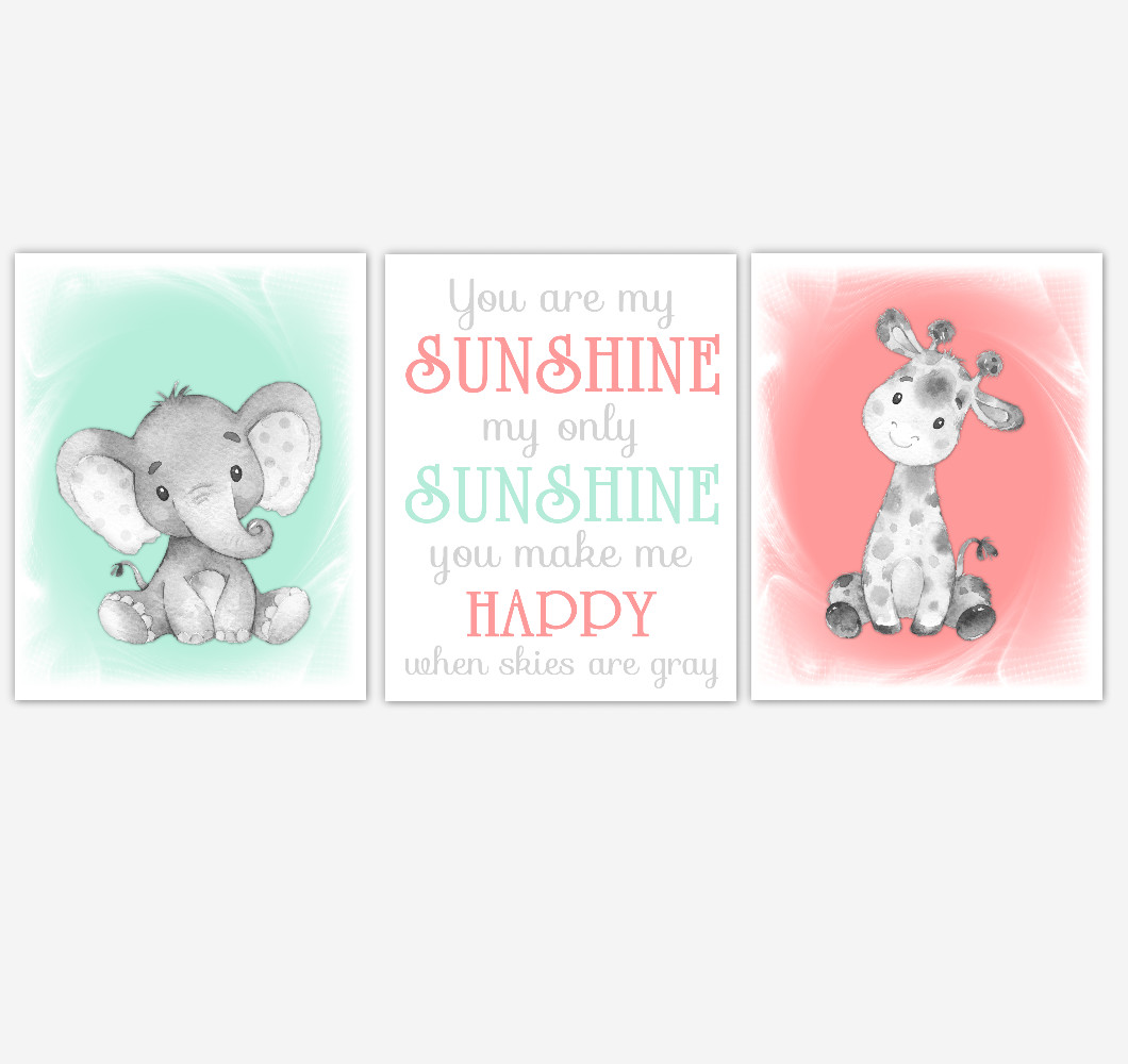 Safari Animals Baby Girl Nursery Decor Coral Mint Green Wall Art