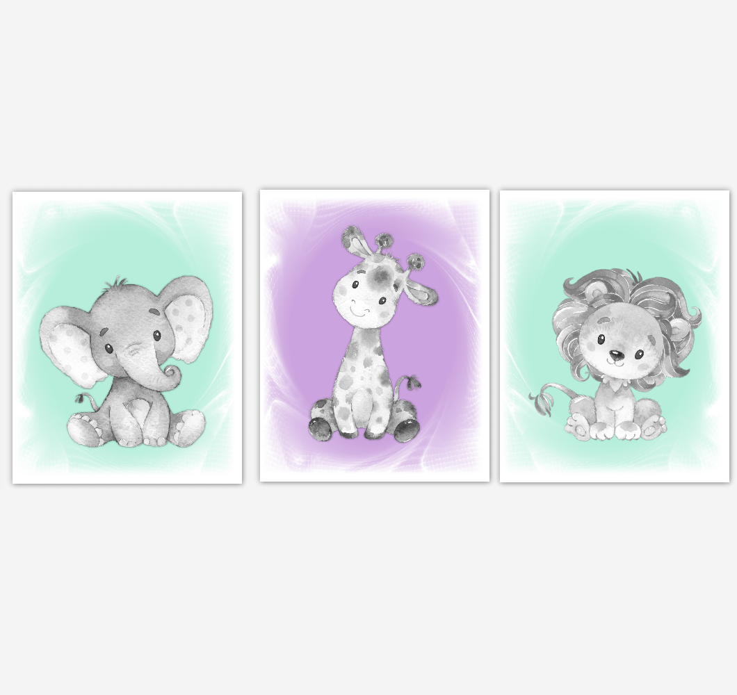 Safari Animals Baby Girl Nursery Decor Mint Green Purple Wall Art Prints Elephant Giraffe Lion Home Decor Kids Bedroom Pictures Set of 3 UNFRAMED PRINTS or CANVAS 02012