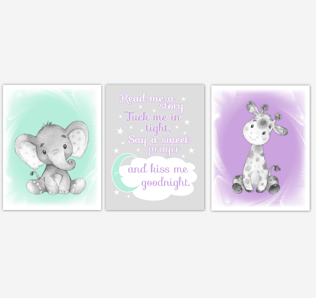 Safari Animals Baby Girl Nursery Decor Mint Green Purple Wall Art Prints Elephant Giraffe Home Decor Kids Bedroom Pictures Set of 3 UNFRAMED PRINTS or CANVAS 02013