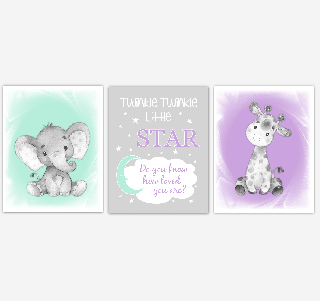 Safari Animals Baby Girl Nursery Decor Mint Green Purple Wall Art Prints Elephant Giraffe Home Decor Kids Bedroom Pictures Set of 3 UNFRAMED PRINTS or CANVAS 02014