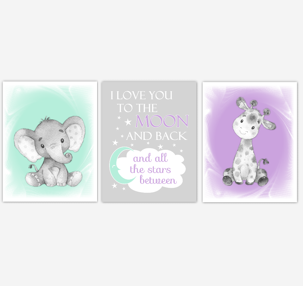 Safari Animals Baby Girl Nursery Decor Mint Green Purple Wall Art Prints Elephant Giraffe Home Decor Kids Bedroom Pictures Set of 3 UNFRAMED PRINTS or CANVAS 02015