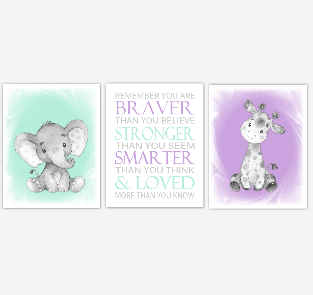 Safari Animals Baby Girl Nursery Decor Mint Green Purple Wall Art Prints Elephant Giraffe Home Decor Kids Bedroom Pictures Set of 3 UNFRAMED PRINTS or CANVAS 02016
