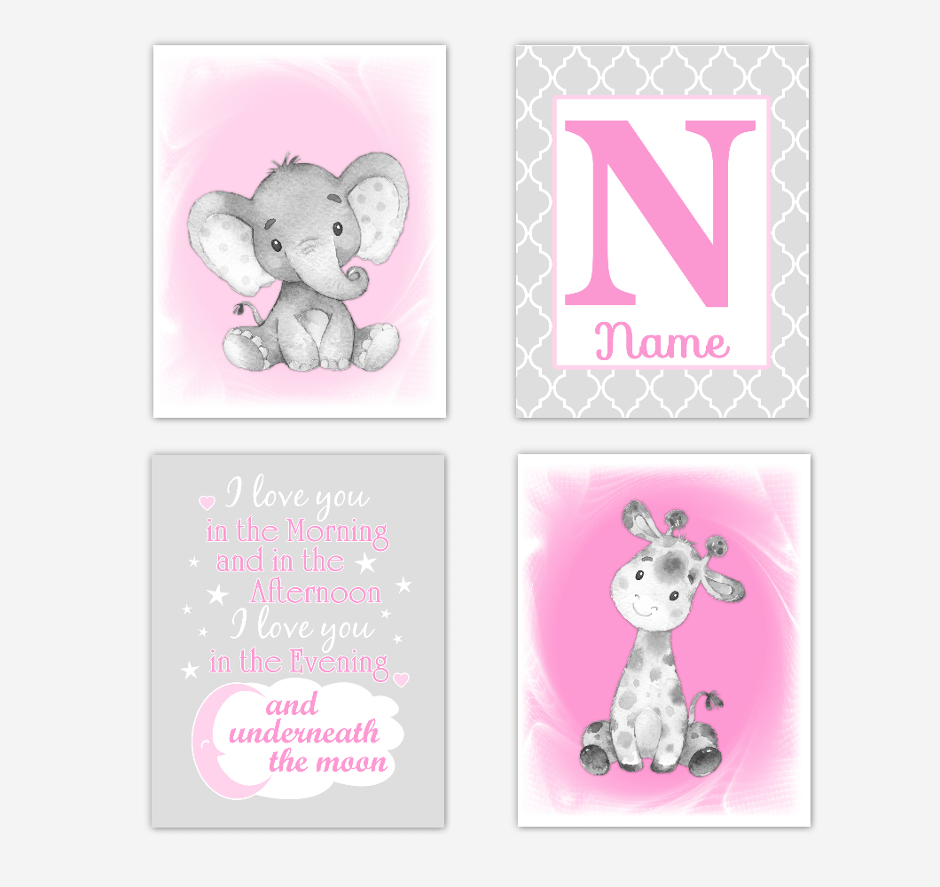 Safari Animals Pink Baby Girl Nursery Decor Wall Art Prints Elephant Giraffe Personalized Pictures New Baby Girl SET OF 4 UNFRAMED PRINTS or CANVAS 02033