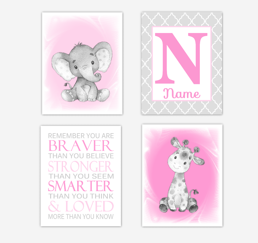 Safari Animals Pink Baby Girl Nursery Decor Wall Art Prints Elephant Giraffe Personalized Pictures New Baby Girl SET OF 4 UNFRAMED PRINTS or CANVAS 02034
