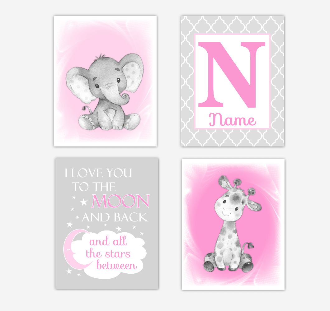 Safari Animals Pink Baby Girl Nursery Decor Wall Art Prints Elephant Giraffe Personalized Pictures New Baby Girl SET OF 4 UNFRAMED PRINTS or CANVAS 02035