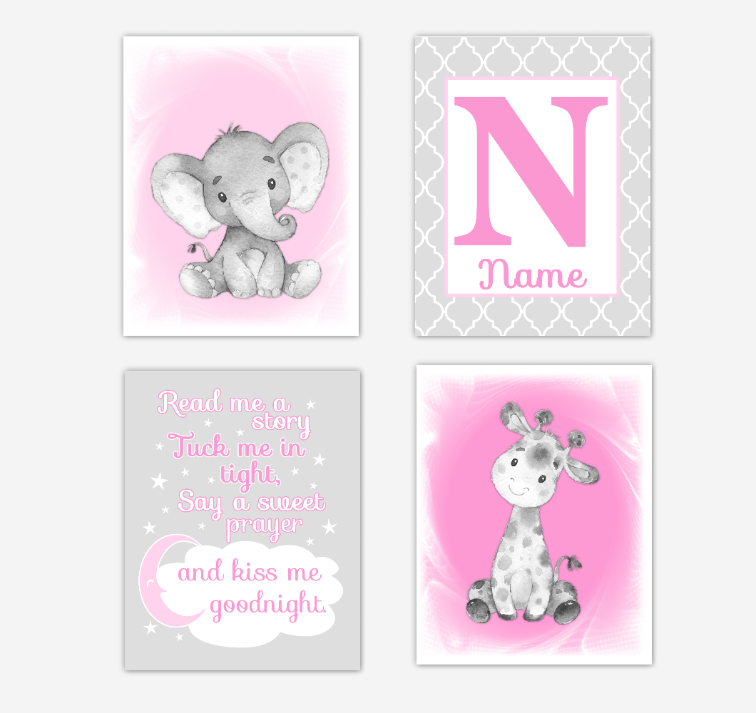 Safari Animals Pink Baby Girl Nursery Decor Wall Art Prints Elephant Giraffe Personalized Pictures New Baby Girl SET OF 4 UNFRAMED PRINTS or CANVAS 02036