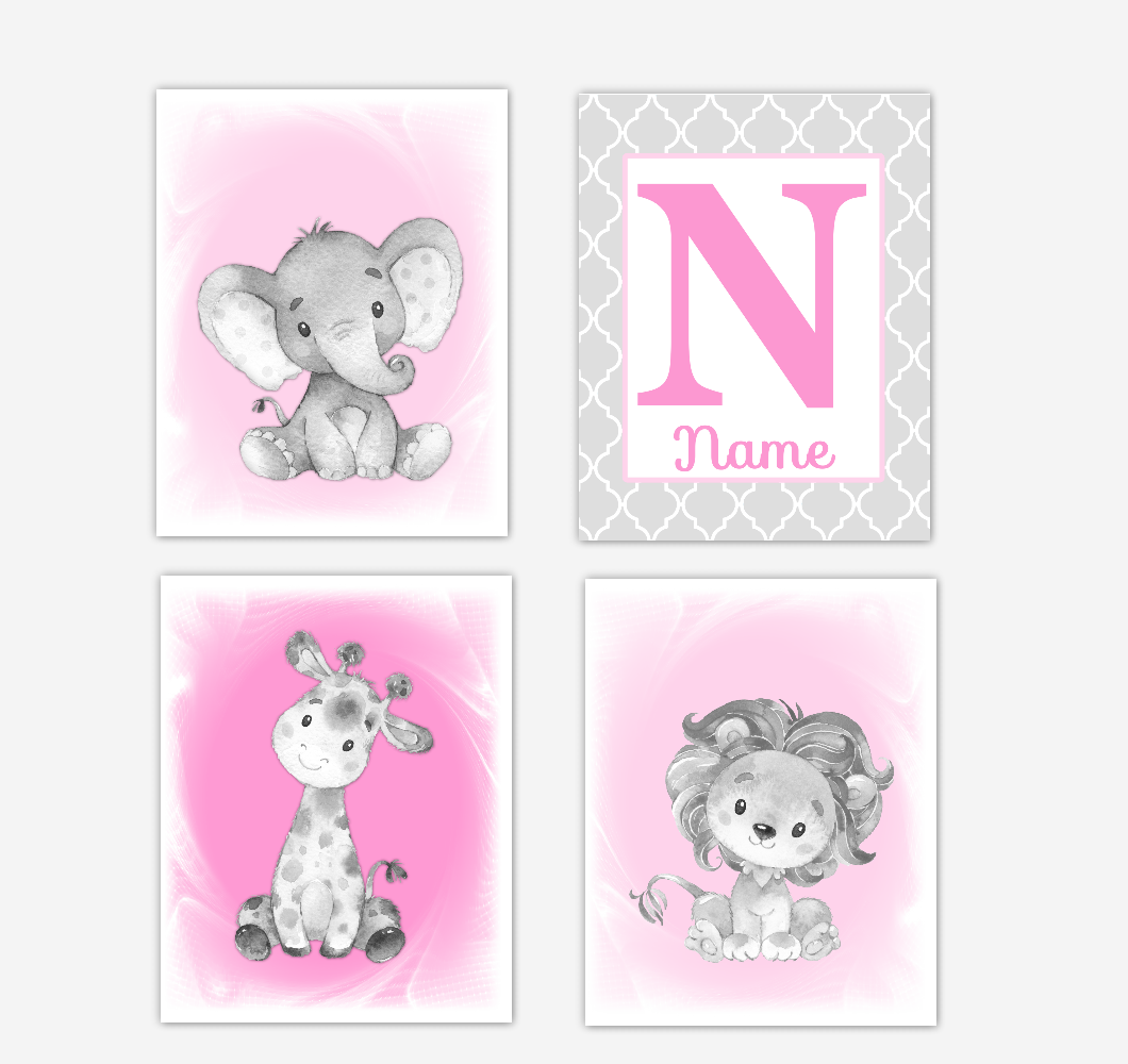 Safari Animals Pink Baby Girl Nursery Decor Wall Art Prints Elephant Giraffe Lion Personalized Pictures New Baby Girl SET OF 4 UNFRAMED PRINTS or CANVAS 02040