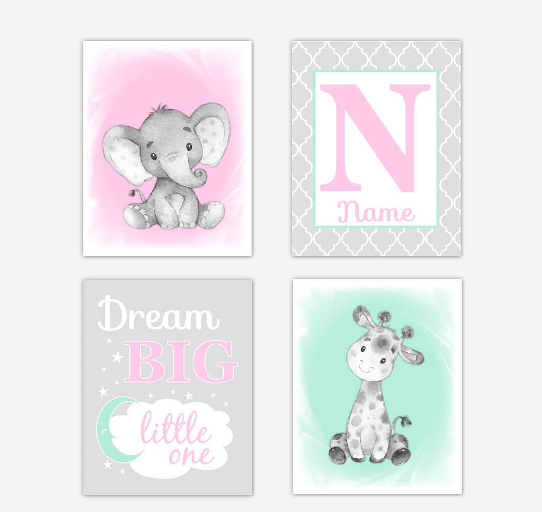 Safari Animals Pink Mint Green Baby Girl Nursery Decor Wall Art Prints Elephant Giraffe Personalized Pictures New Baby Girl SET OF 4 UNFRAMED PRINTS or CANVAS 02041