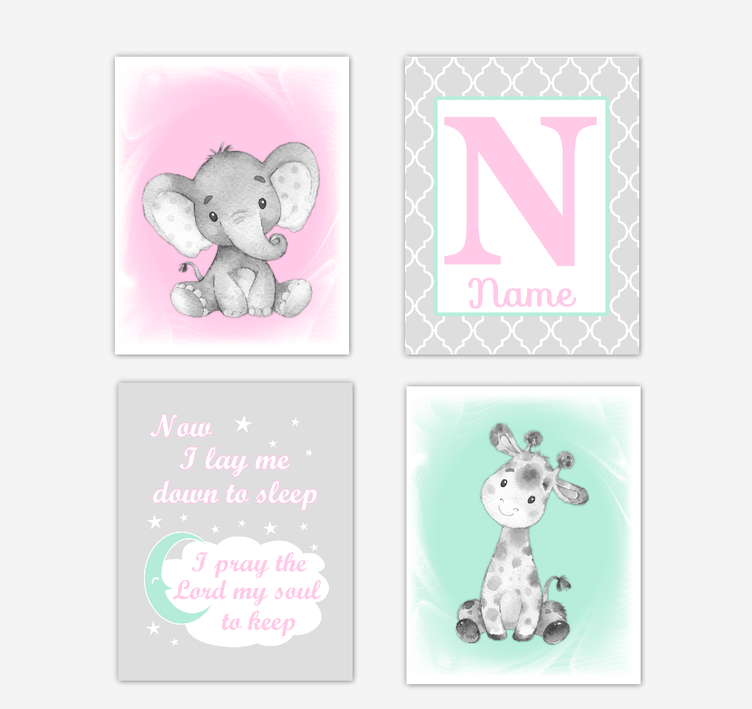 Safari Animals Pink Mint Green Baby Girl Nursery Decor Wall Art Prints Elephant Giraffe Personalized Pictures New Baby Girl SET OF 4 UNFRAMED PRINTS or CANVAS 02042