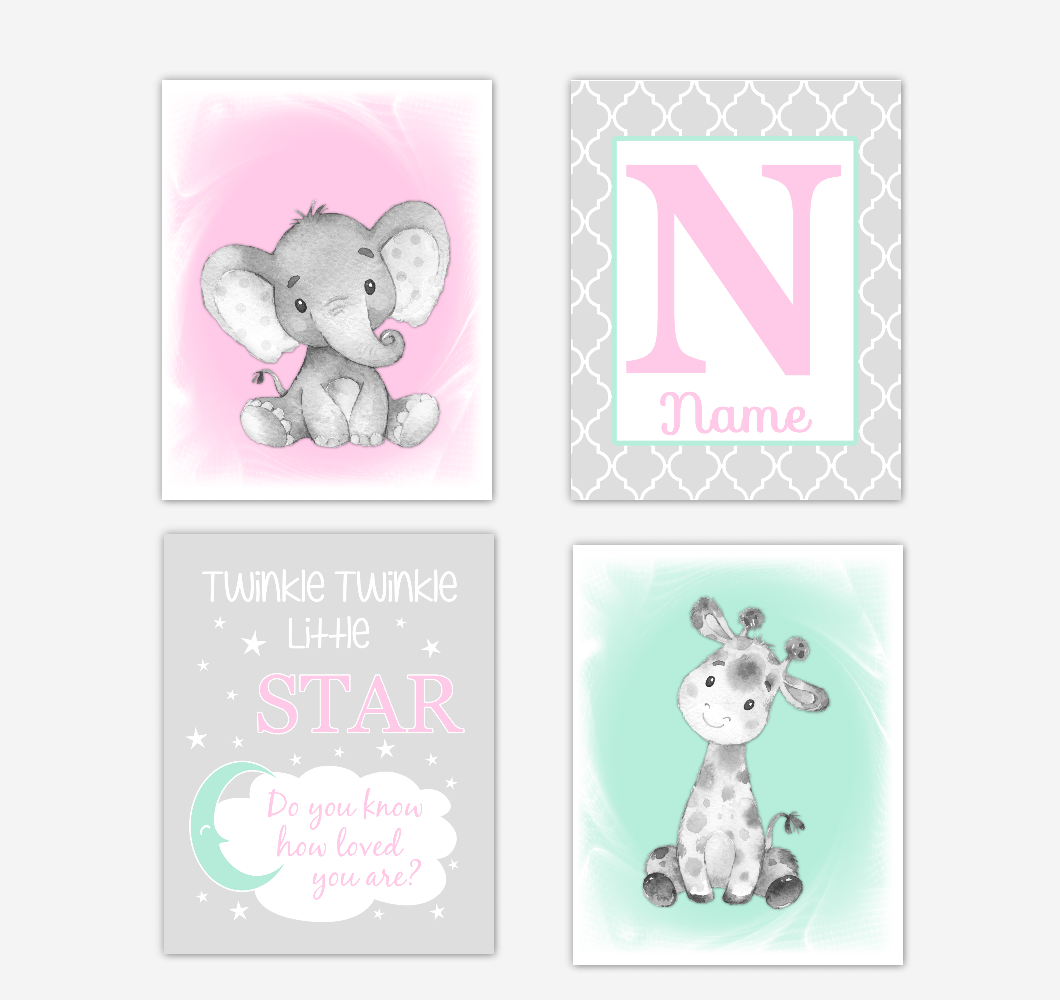 Safari Animals Pink Mint Green Baby Girl Nursery Decor Wall Art Prints Elephant Giraffe Personalized Pictures New Baby Girl SET OF 4 UNFRAMED PRINTS or CANVAS 02044