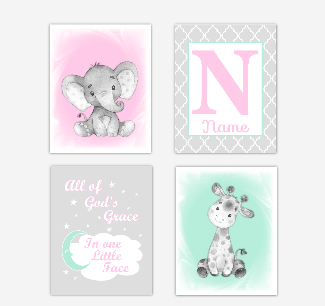 Safari Animals Pink Mint Green Baby Girl Nursery Decor Wall Art Prints Elephant Giraffe Personalized Pictures New Baby Girl SET OF 4 UNFRAMED PRINTS or CANVAS 02045