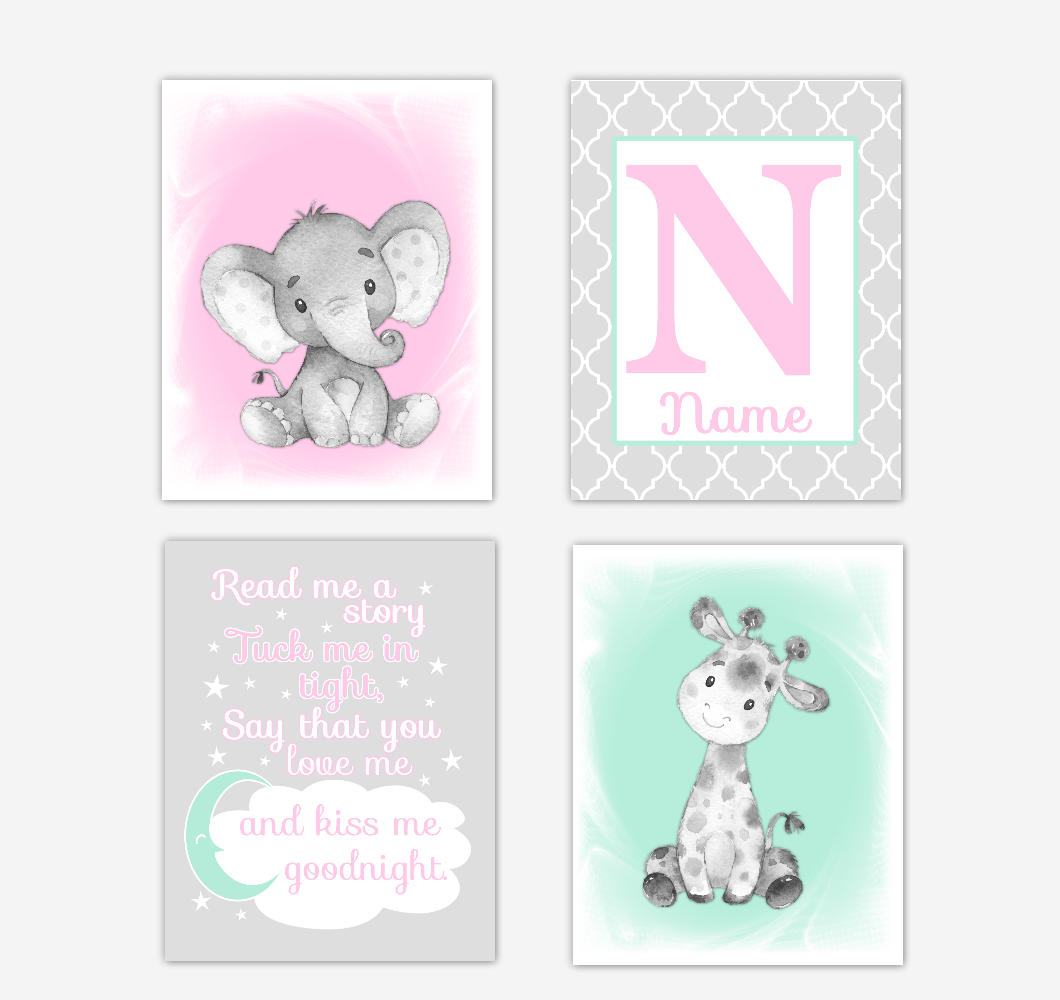 Safari Animals Pink Mint Green Baby Girl Nursery Decor Wall Art Prints Elephant Giraffe Personalized Pictures New Baby Girl SET OF 4 UNFRAMED PRINTS or CANVAS 02046