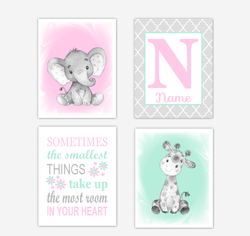 Safari Animals Pink Mint Green Baby Girl Nursery Decor Wall Art Prints Elephant Giraffe Personalized Pictures New Baby Girl SET OF 4 UNFRAMED PRINTS or CANVAS 02047