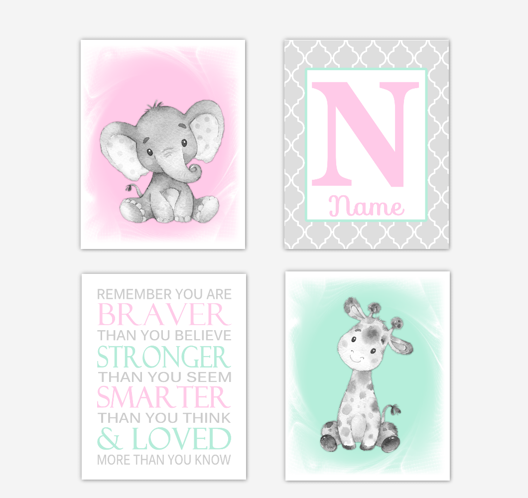 Safari Animals Pink Mint Green Baby Girl Nursery Decor Wall Art Prints Elephant Giraffe Personalized Pictures New Baby Girl SET OF 4 UNFRAMED PRINTS or CANVAS 02048