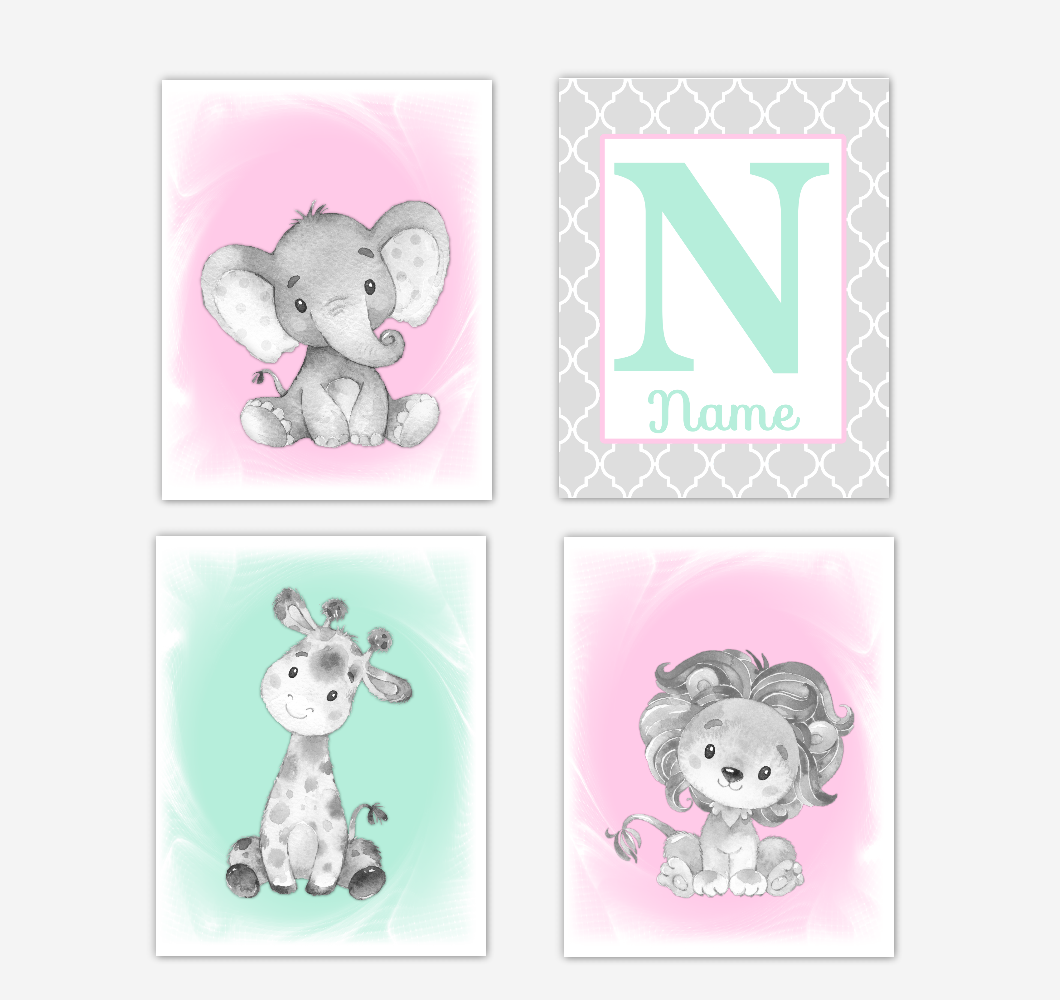 Safari Animals Pink Mint Green Baby Girl Nursery Decor Wall Art Prints Elephant Giraffe Lion Personalized Pictures New Baby Girl SET OF 4 UNFRAMED PRINTS or CANVAS 02049