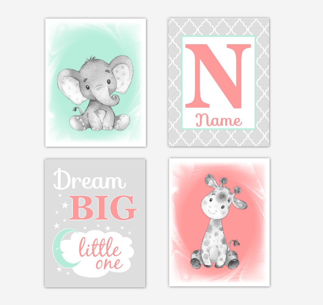 Safari Animals Coral Mint Green Baby Girl Nursery Decor Wall Art Prints Elephant Giraffe Personalized Pictures New Baby Girl SET OF 4 UNFRAMED PRINTS or CANVAS 02050