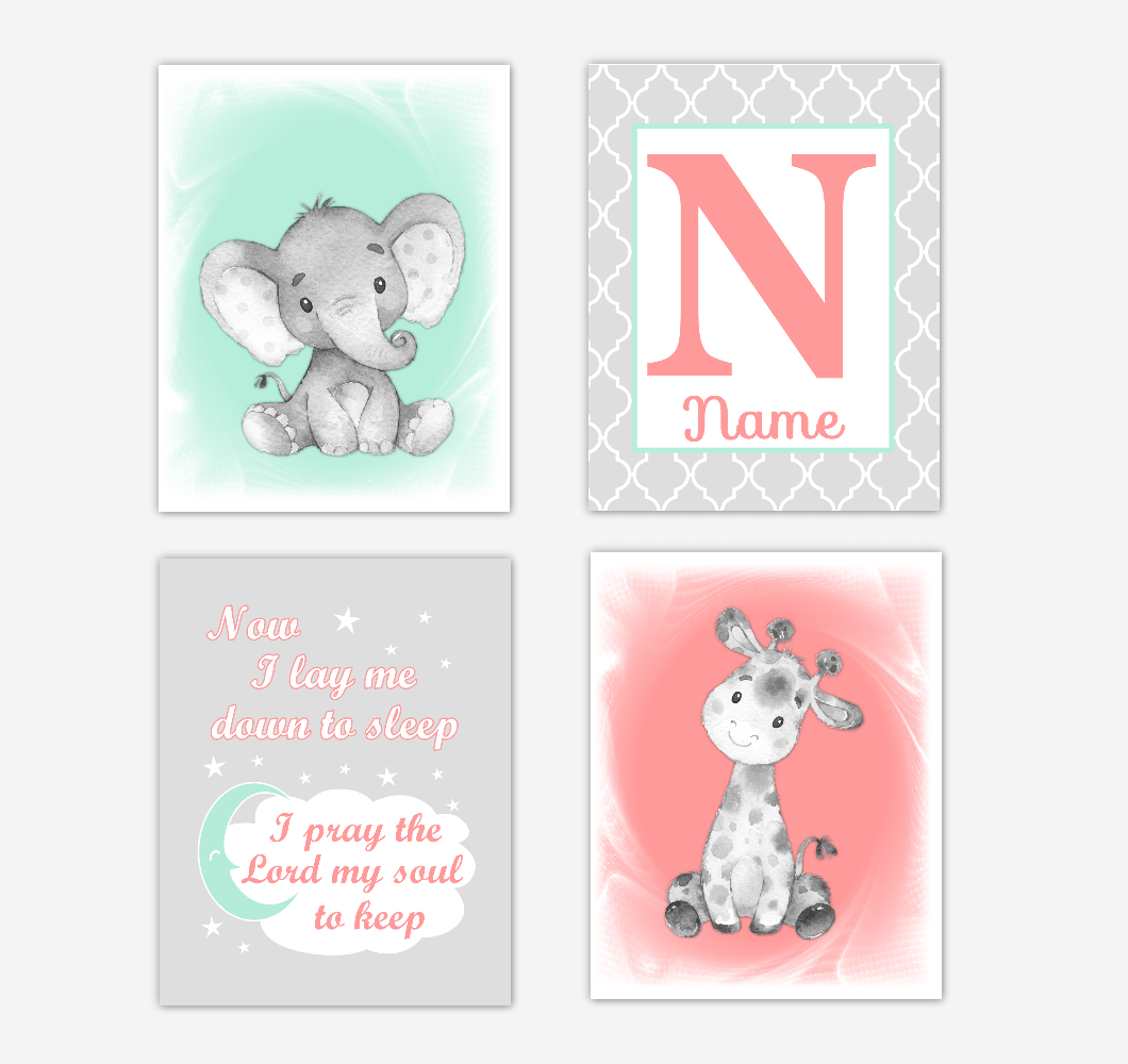 Safari Animals Coral Mint Green Baby Girl Nursery Decor Wall Art Prints Elephant Giraffe Personalized Pictures New Baby Girl SET OF 4 UNFRAMED PRINTS or CANVAS 02051