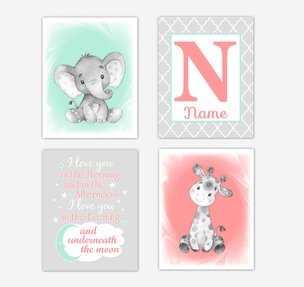 Safari Animals Coral Mint Green Baby Girl Nursery Decor Wall Art Prints Elephant Giraffe Personalized Pictures New Baby Girl SET OF 4 UNFRAMED PRINTS or CANVAS 02052