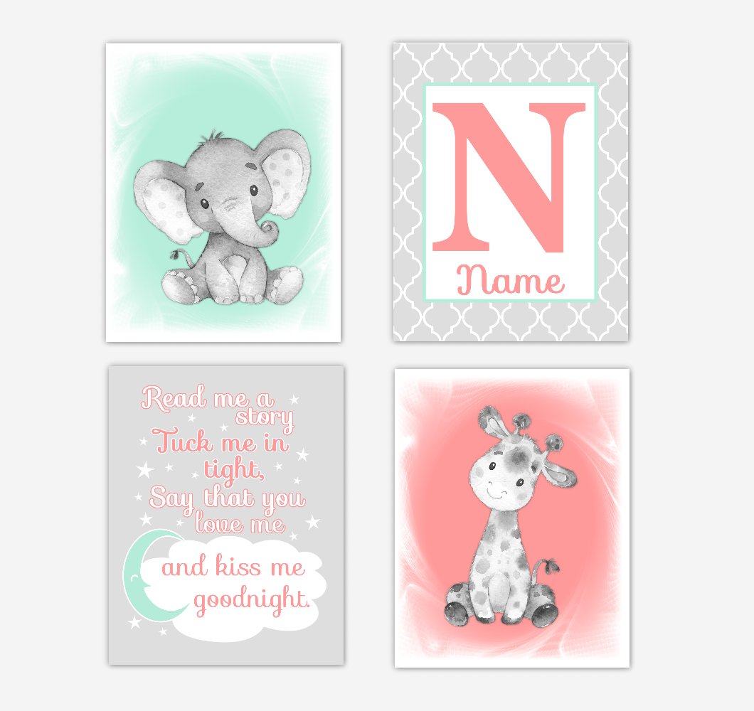Safari Animals Coral Mint Green Baby Girl Nursery Decor Wall Art Prints Elephant Giraffe Personalized Pictures New Baby Girl SET OF 4 UNFRAMED PRINTS or CANVAS 02053