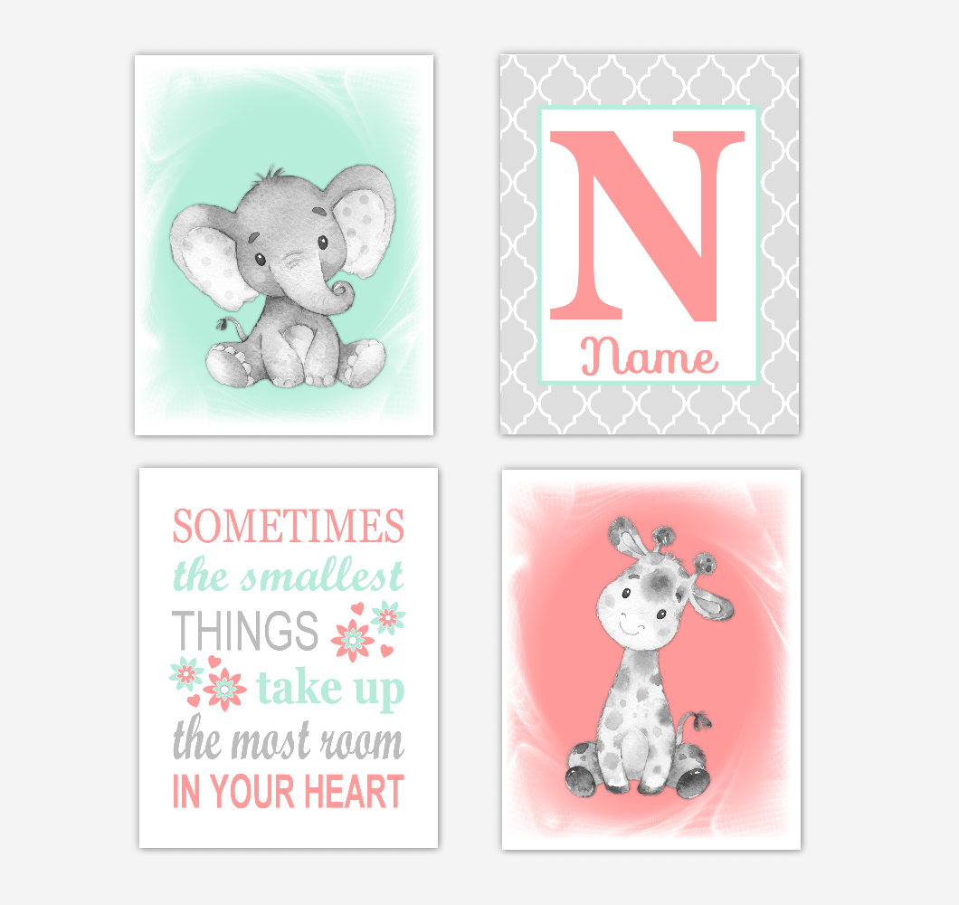 Safari Animals Coral Mint Green Baby Girl Nursery Decor Wall Art Prints Elephant Giraffe Personalized Pictures New Baby Girl SET OF 4 UNFRAMED PRINTS or CANVAS 02054