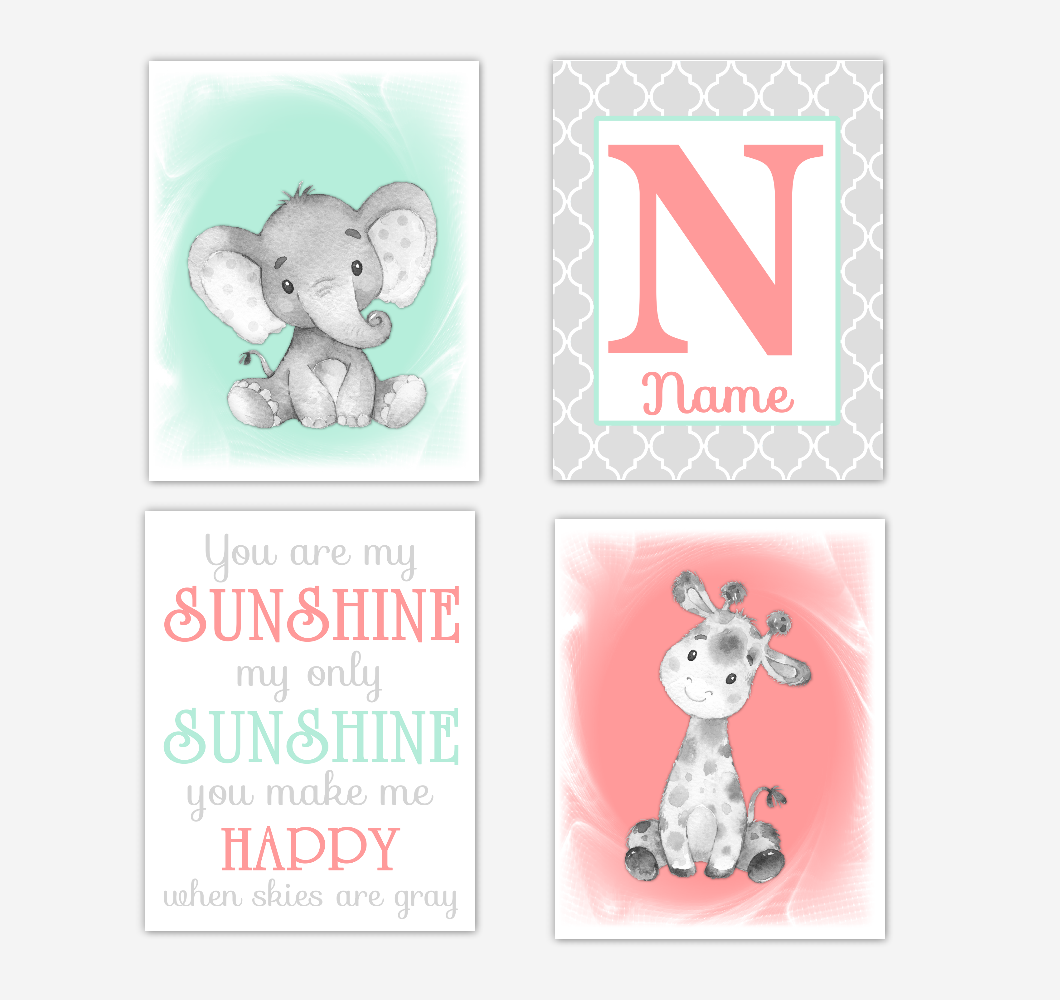 Safari Animals Coral Mint Green Baby Girl Nursery Decor Wall Art Prints Elephant Giraffe Personalized Pictures New Baby Girl SET OF 4 UNFRAMED PRINTS or CANVAS 02055